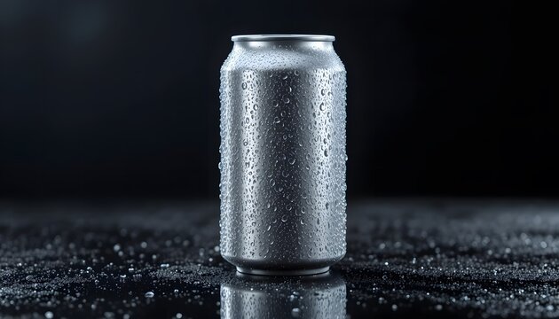 A frosted can of beverage glistening with condensation on a dark surface. 12 oz can mockup