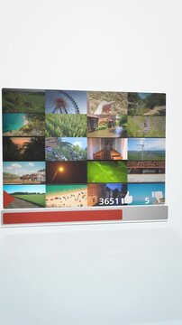 Vertical social media video dashboard animation displaying multiple content tiles, progress bars, view statistics, and reaction icons, optimized for mobile-first digital content platforms.