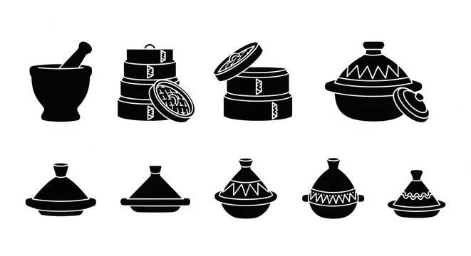 Collection of traditional Moroccan kitchenware silhouettes, featuring tagines, a mortar, and lidded serving dishes, capturing North African culinary heritage and cooking essentials