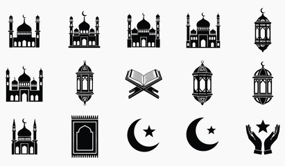 Islamic Symbols: A collection of elegantly designed illustrations of mosques, lanterns, the Quran, and crescent moons, representing the beauty and faith of Islam.