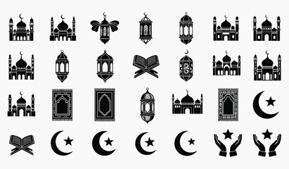 Islamic Symbol Collection: A curated ensemble of Islamic symbols, presented in a minimalist, monochrome aesthetic. This collection includes intricate mosque silhouettes, ornamental lanterns.