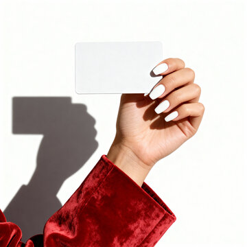  A bold and stylish photo of a hand of a woman with white nails, holding a retangular with business card. With a red coat with a suede texture covering your arm.