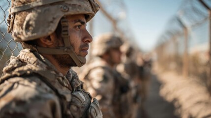 Obraz premium Close-up of a soldier's face and upper body. he is wearing a camouflage uniform and a helmet with a visor. the soldier is looking off into the distance with a serious expression on his face.