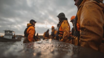 Group of people wearing orange jackets and helmets, standing on a rocky shore. they appear to be searching for something in the water. in the background, there is a boat on the water and a cloudy sky.