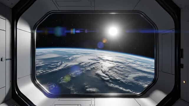 Inside a futuristic spacecraft, a panoramic window frames a breathtaking view of planet Earth from orbit. The bright sun creates dramatic lens flares, illuminating the clouds and oceans, evoking