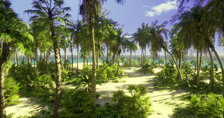 Obraz premium Coastal palm grove with sandy path, dappled sunlight through fronds and ocean glimpse on horizon, inviting seaside escape for resorts, travel ads and outdoor