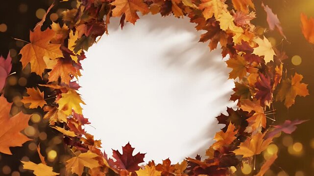 Autumn Leaves Frame Blank Space - This video showcases a circular frame made of autumn leaves in various shades of red, orange, and yellow.