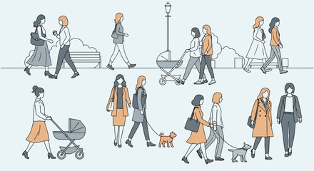 Diverse group of people walking and interacting outdoors.