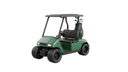 Green golf cart with black seat and black top front cart is.