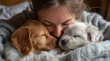 A woman is hugging two puppies. One of the puppies is brown and the other is white. The woman is wearing a gray sweater