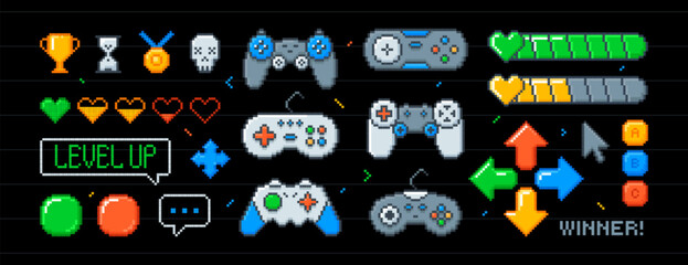 Vector set of pixel art arcade ui buttons, joystick, arrows, life bar with hearts in 8bit retro style. Video game console, interface menu icons. Pixelated typing bubble, winner trophy cups, gamepads © redgreystock