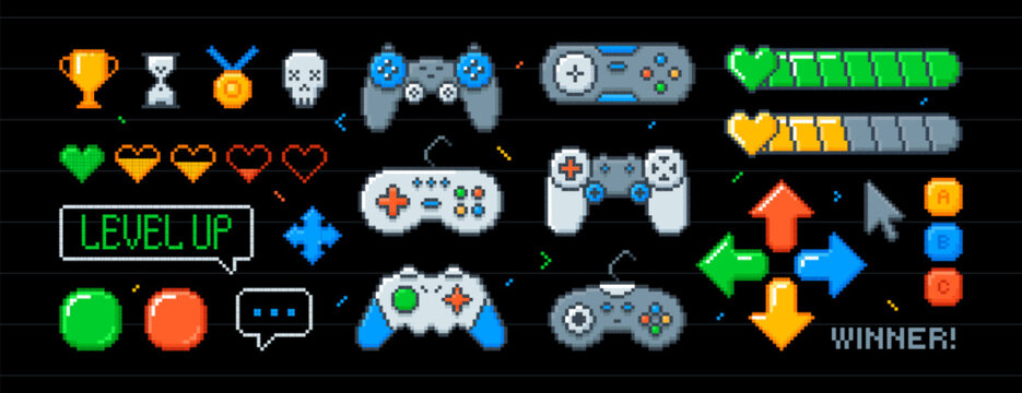 Vector set of pixel art arcade ui buttons, joystick, arrows, life bar with hearts in 8bit retro style. Video game console, interface menu icons. Pixelated typing bubble, winner trophy cups, gamepads
