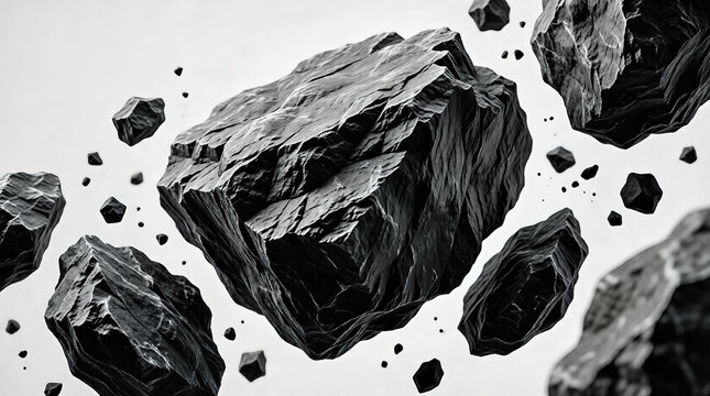 Floating black meteor rocks in space