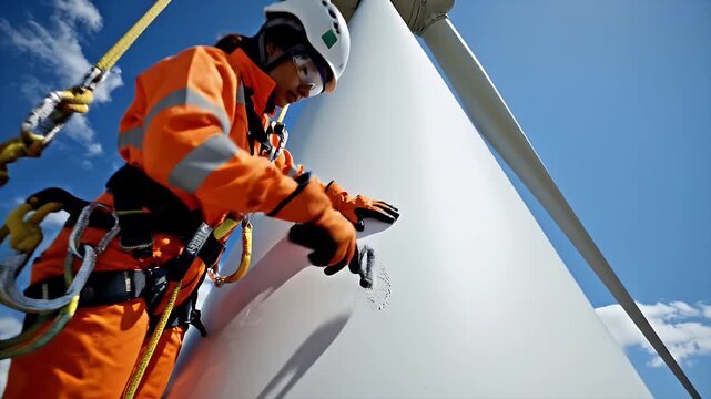 Wind Turbine Blade Maintenance - A rope access technician in safety gear is performing maintenance on a wind turbine blade.