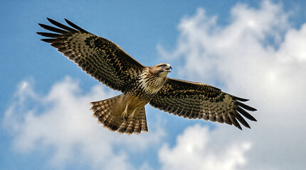 Obraz premium Hawk flying against blue sky with clouds