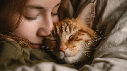 A woman is hugging two puppies. One of the puppies is brown and the other is white. The woman is wearing a gray sweater