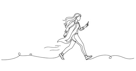 Fototapeta premium Line art of young caucasian female walking and using smartphone. Non editable stroke