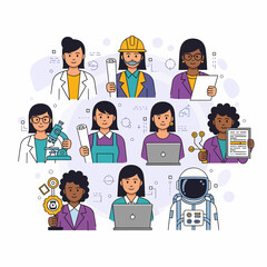 The image depicts a diverse group of women working in various STEM professions, including scientists, engineers, architects, and astronauts, highlighting female empowerment in technology and science.