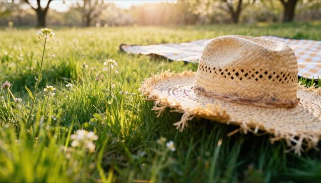 straw hat resting on green grass field perfect for spring equinox
