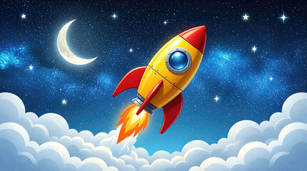 Rocket flying through clouds in night sky with moon and stars