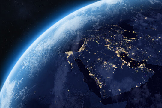 Earth in space. Night on planet Earth with cities lights. Middle East, Arabian Peninsula, Asia, United Arab Emirates, Saudi Arabia at night viewed from space. 