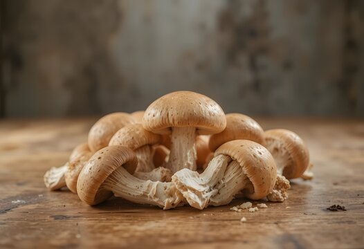 Close up of fresh shiitake mushrooms on a wooden table. mush