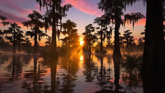 Stunning sunset over a tranquil swamp with cypress trees and reflections.