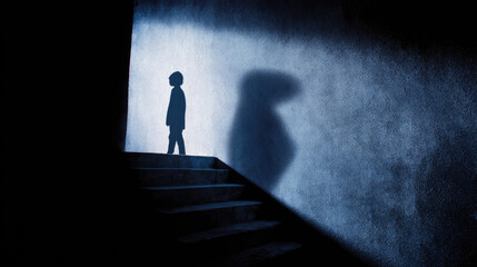 Fototapeta premium Child's silhouette walking up dark stairs with large shadow