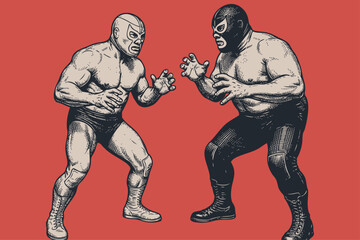 Two Mexican luchadores in masks preparing for a fight. Lucha Libre professional wrestling theme. Retro comic style vector illustration for a poster.