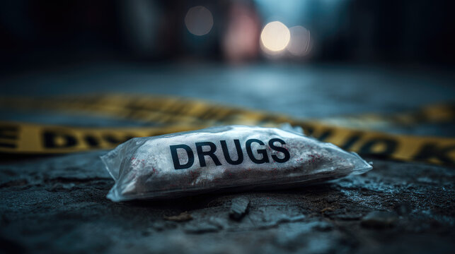 Bag of drugs marked as evidence on the ground with police tape