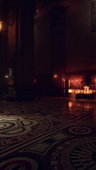 Obraz premium ornate mosaic floor with candlelight reflections, geometric patterns and polished marble catching warm amber glow, shallow depth highlighting texture and color,