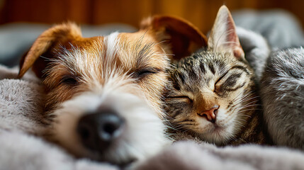 A woman is hugging two puppies. One of the puppies is brown and the other is white. The woman is wearing a gray sweater