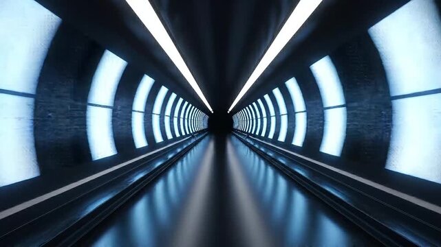 Futuristic blue-lit corridor with sleek glass floor and glowing windows stretching into distance