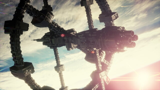 Solarlit orbital structure hovering above planet, heavy silhouette and highcontrast glare on trusswork, maintenance platforms and robotic servicers performing