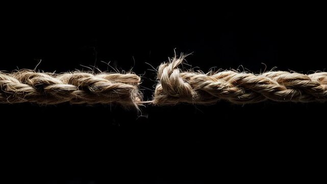 Breaking rope on black background. jute or hemp rope Side view of a frayed rope with fibers unraveling, emphasizing the breaking tension under strain against a dark background