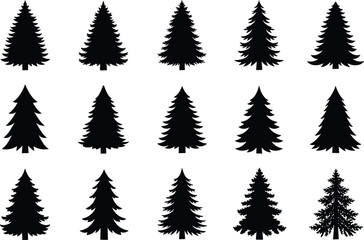 Black silhouette collection of evergreen pine and spruce coniferous trees set isolated on white background for Christmas winter nature forest and outdoor design elements © Poritash