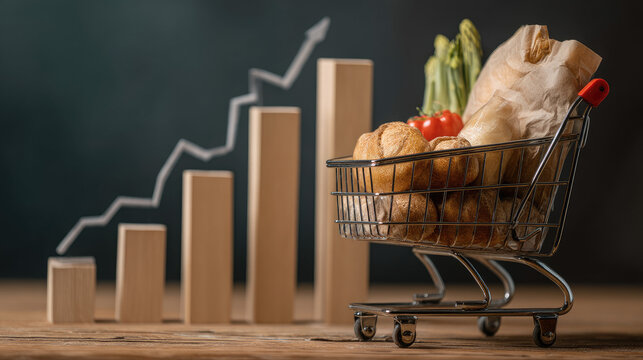 Shopping cart filled with groceries and a rising price graph