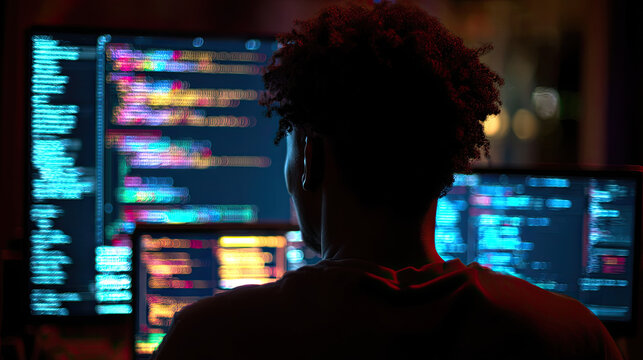 Person working on a computer screen with colorful code on it in the dark