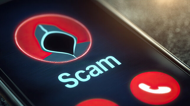 Incoming scam call on a smartphone with a hooded figure icon