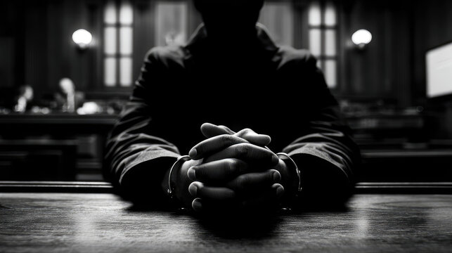 Suspect in handcuffs sitting at a table in a courtroom.