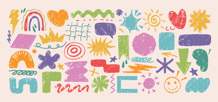 Playful hand drawn abstract shapes, speech bubbles, text boxes, doodles with crayon texture. Cute naive symbols, squiggles, colorful geometric kids element, simple figure art. Children design stickers