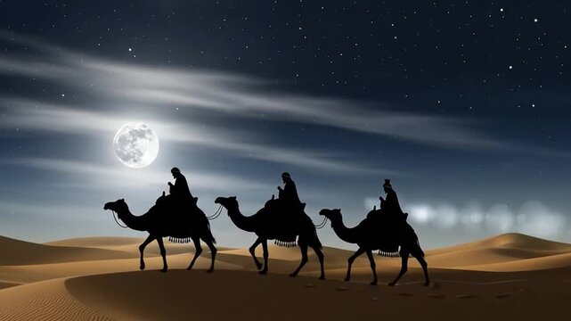 Three Wise Men Magi Camels Riding Silhouette Desert Night Sky