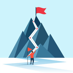 Obraz premium Mountain peak with flag icon in flat style. Exploration hiking vector illustration on isolated background. Success sign business concept.