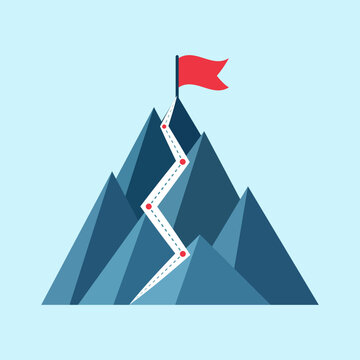 Mountain peak with flag icon in flat style. Exploration hiking vector illustration on isolated background. Success sign business concept.