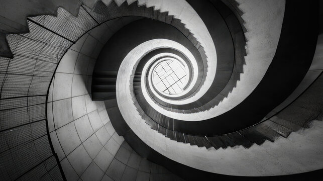 Abstract spiral staircase seen from below, creating a geometric pattern