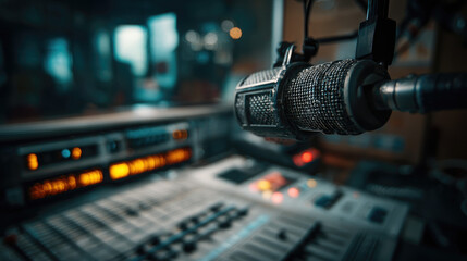 Close up of a professional radio microphone in a studio booth