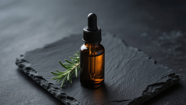 Amber glass dropper bottle with essential oil placed on dark stone surface, accompanied by a fresh rosemary sprig under soft directional lighting