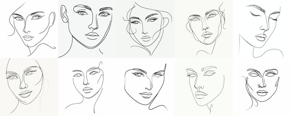 Set of minimalist line art face portrait vectors on white background.