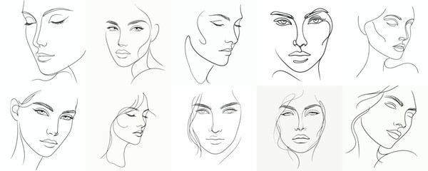 Set of minimalist line art face portrait vectors on white background.