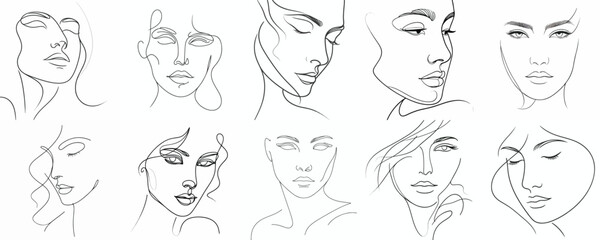 Set of minimalist line art face portrait vectors on white background.